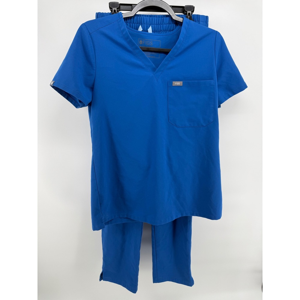 FIGS Technical Collection Scrub Set Royal Blue V-Neck Top Cargo Pants Small